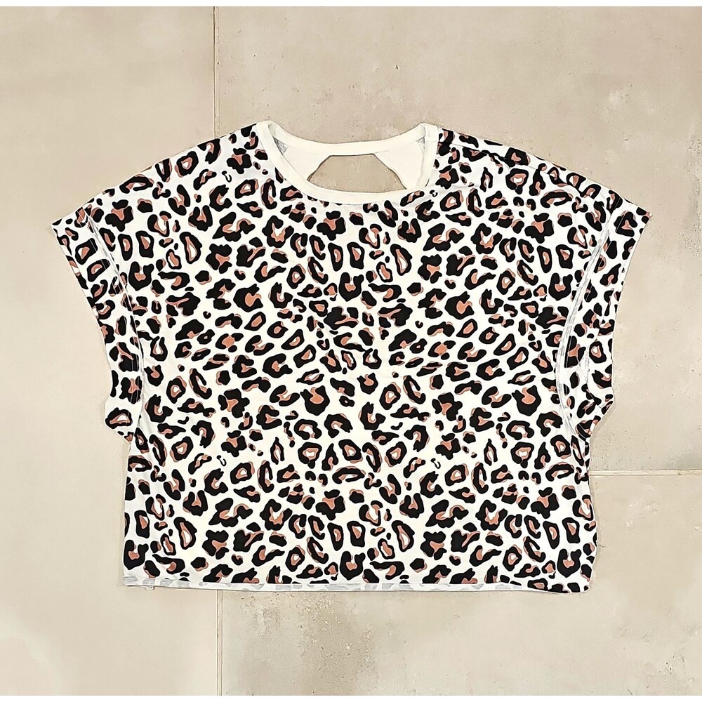 XS Women’s White Leopard Animal Print Cropped T-Shirt Cut-Out Open Back Stretch